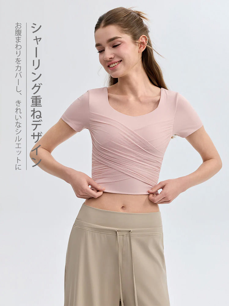 クロス メッシュ 半袖 ピラティスウェア パッド付き