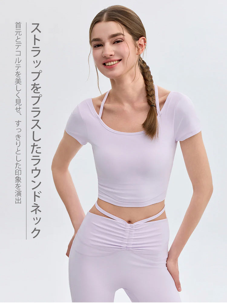 接触冷感 フェイクレイヤード クロップド丈 半袖 ピラティスウェア
