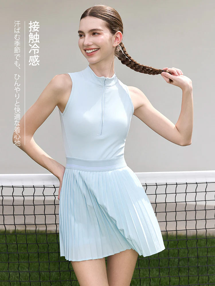 接触冷感 UVカット通気 プリーツ ワンピース パッド付き　