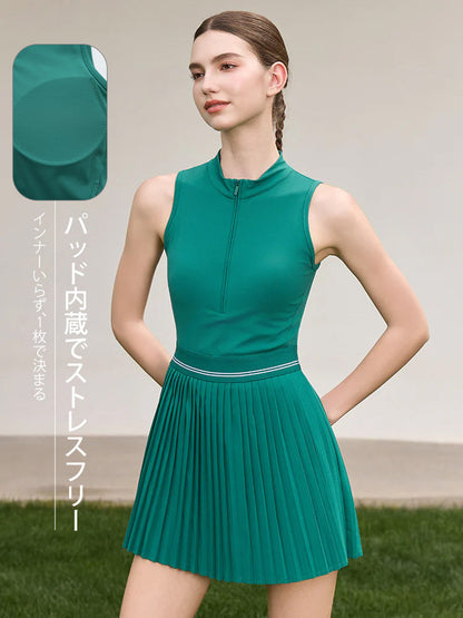 接触冷感 UVカット通気 プリーツ ワンピース パッド付き　