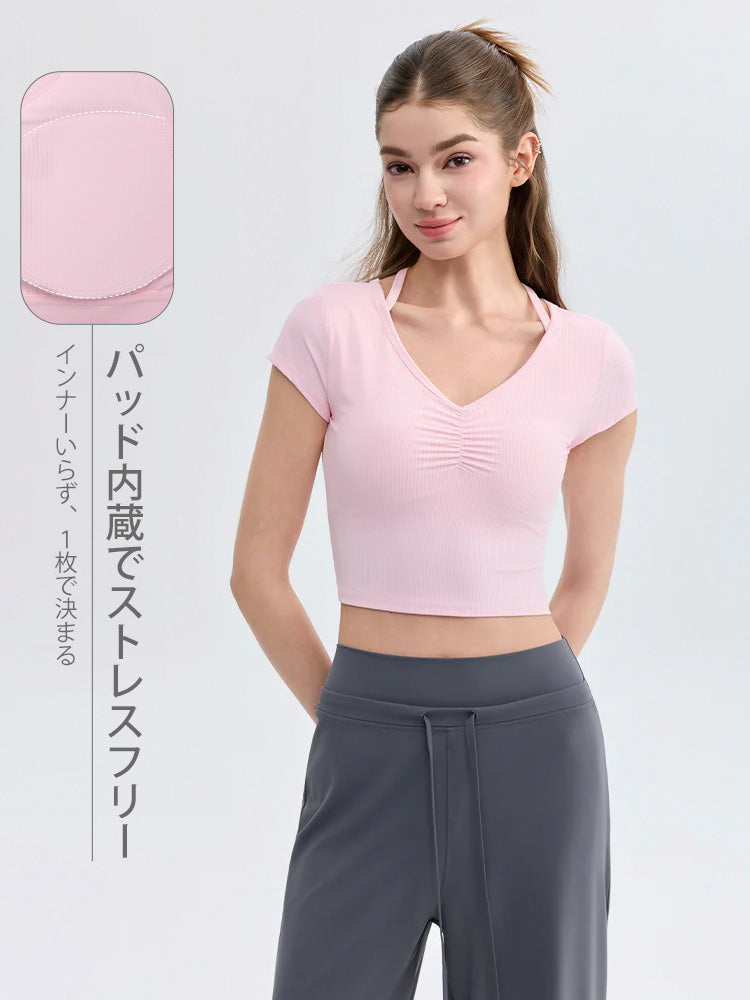 ソフトリブ スリムフィット パッド付き ヨガウェア 半袖