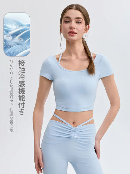 接触冷感 フェイクレイヤード クロップド丈 半袖 ピラティスウェア
