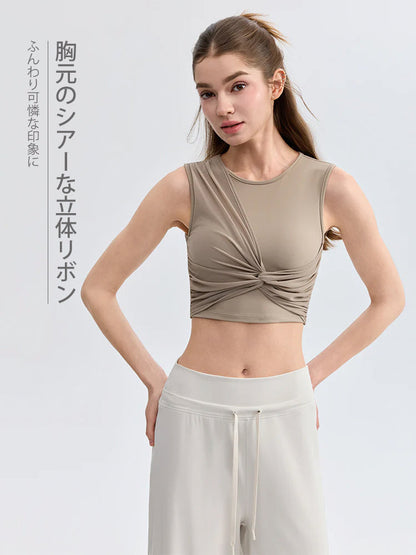 蝶結び風 ノースリーブ パッド付き クロップド丈 タンクトップ